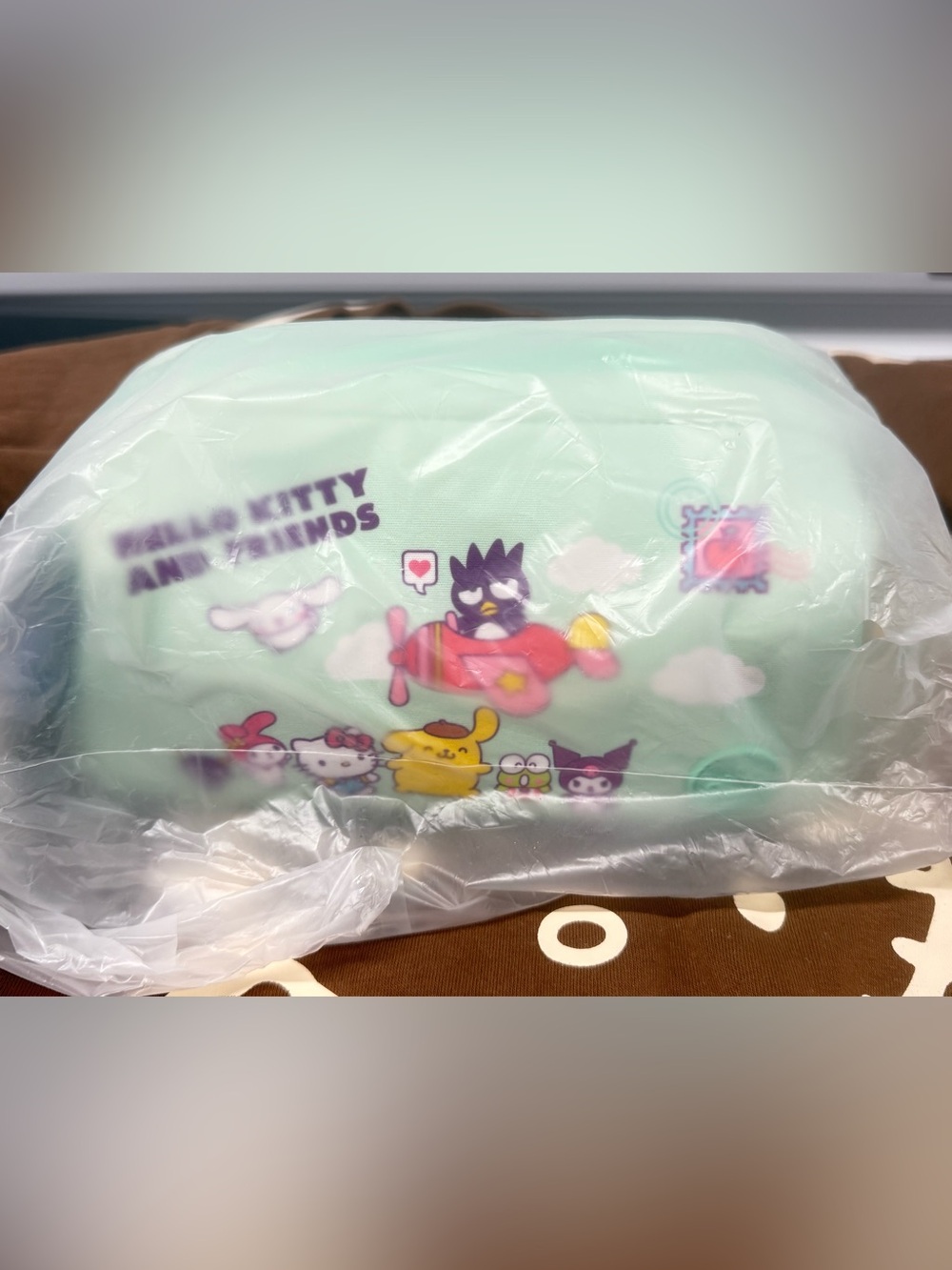 Sanrio Mint Green Character Travel Pouch with Airplane Print